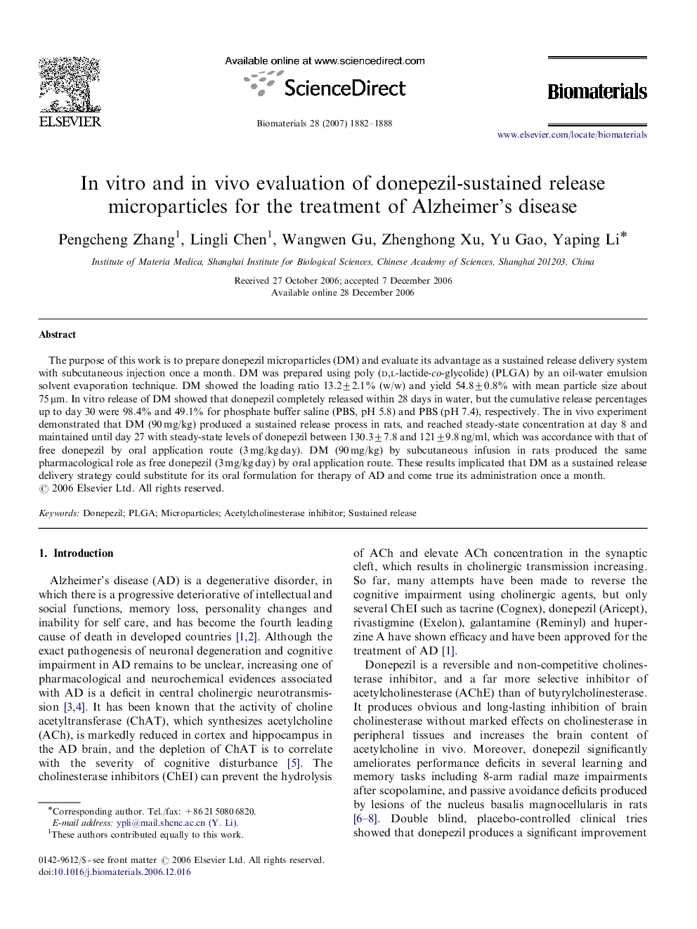 In vitro and in vivo evaluation of donepezil-sustained release microparticles for the treatment of Alzheimer's disease