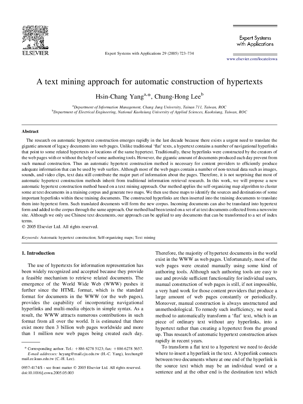 A text mining approach for automatic construction of hypertexts