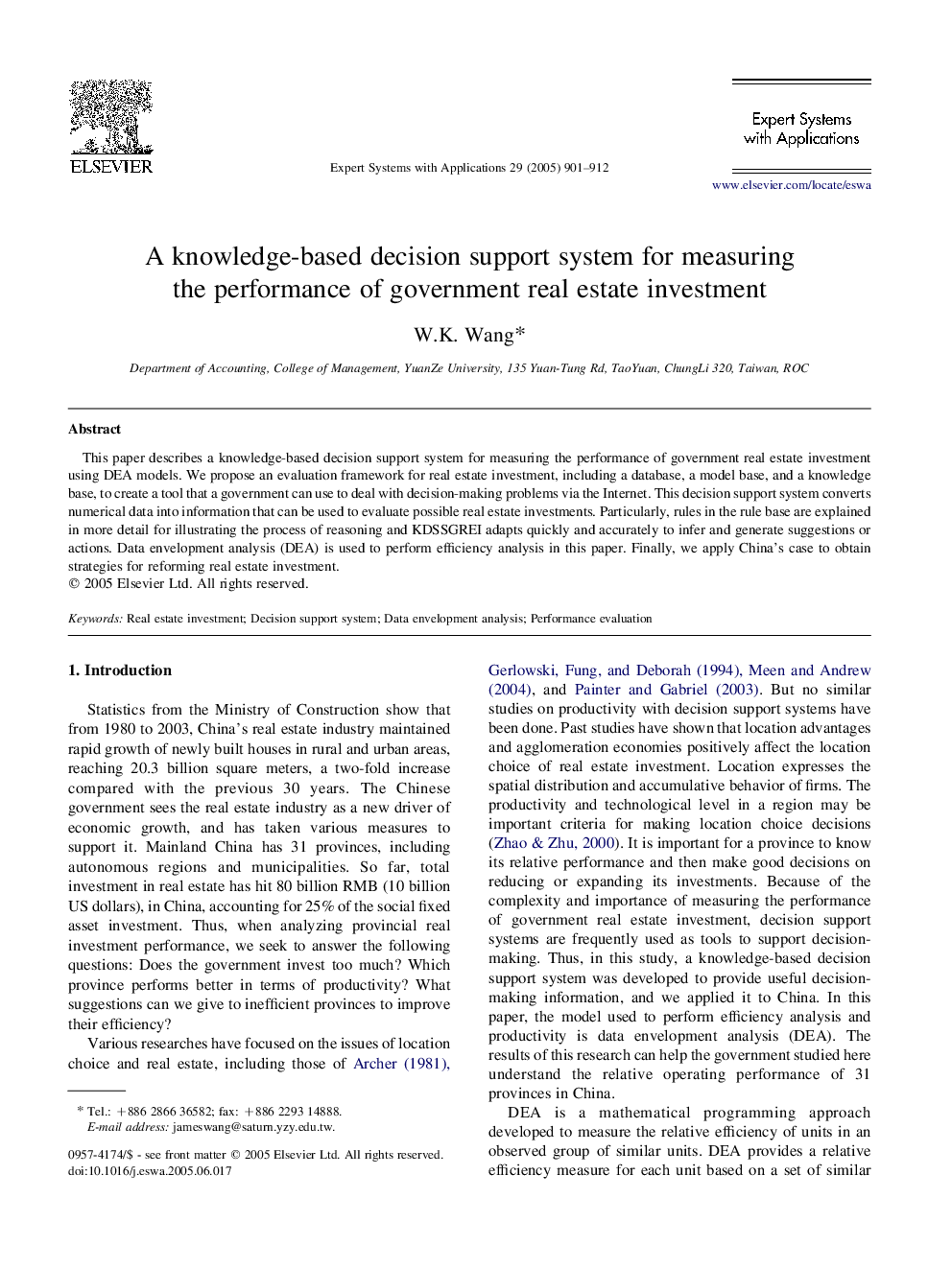 A knowledge-based decision support system for measuring the performance of government real estate investment