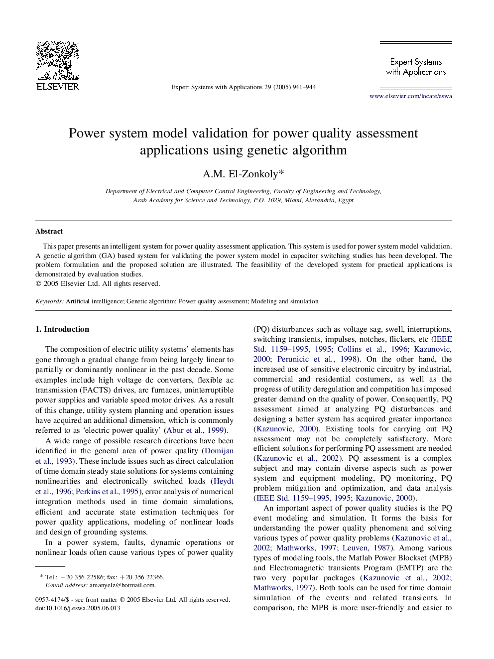 Power system model validation for power quality assessment applications using genetic algorithm