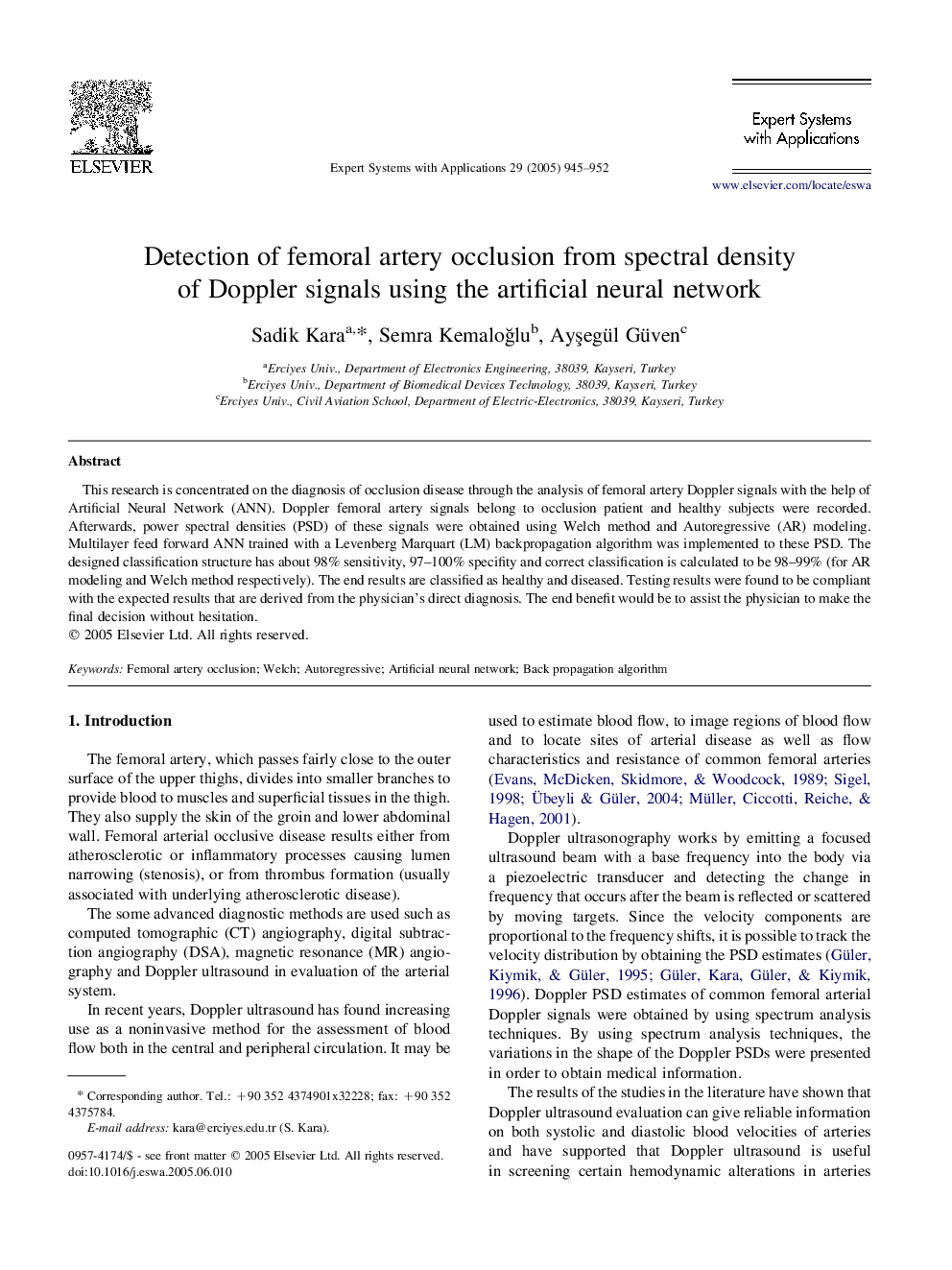 Detection of femoral artery occlusion from spectral density of Doppler signals using the artificial neural network