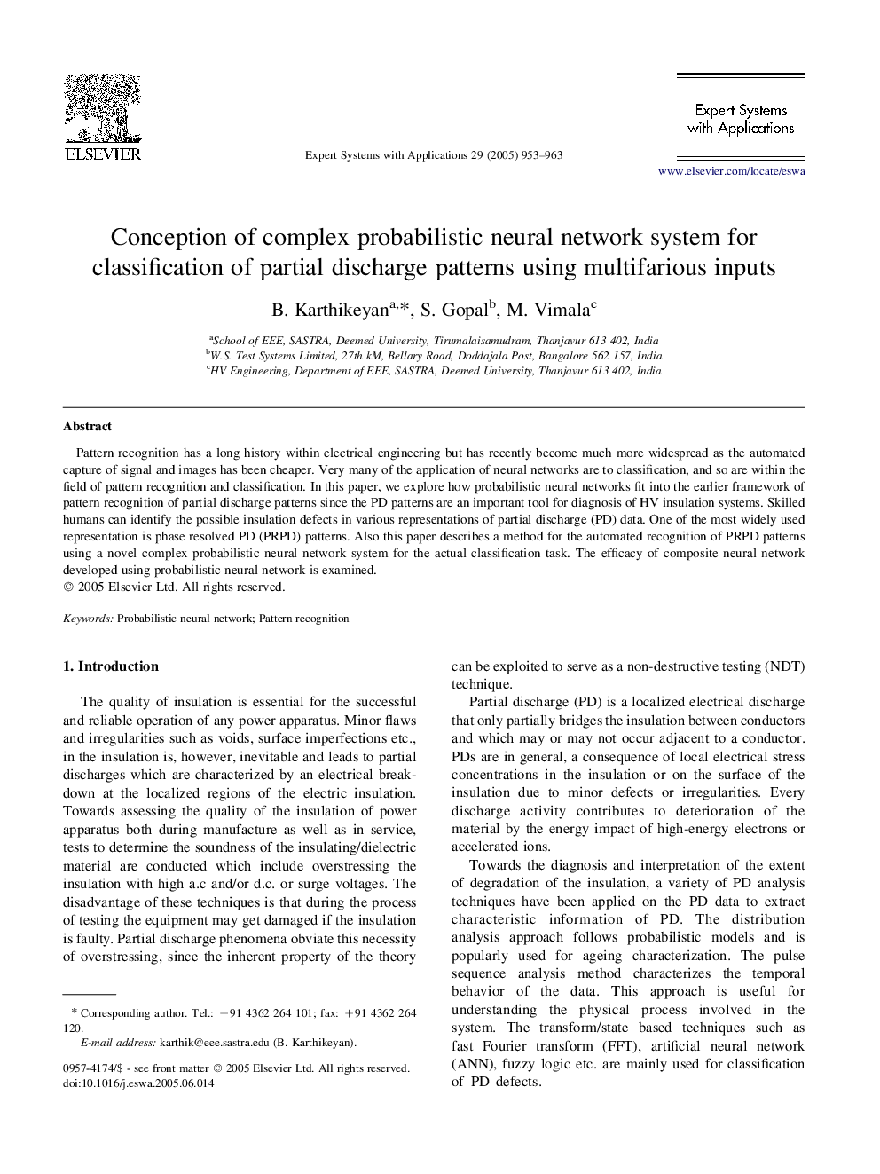 Conception of complex probabilistic neural network system for classification of partial discharge patterns using multifarious inputs