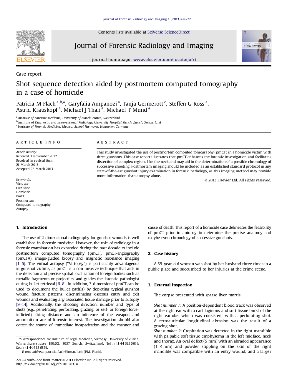 Shot sequence detection aided by postmortem computed tomography in a case of homicide