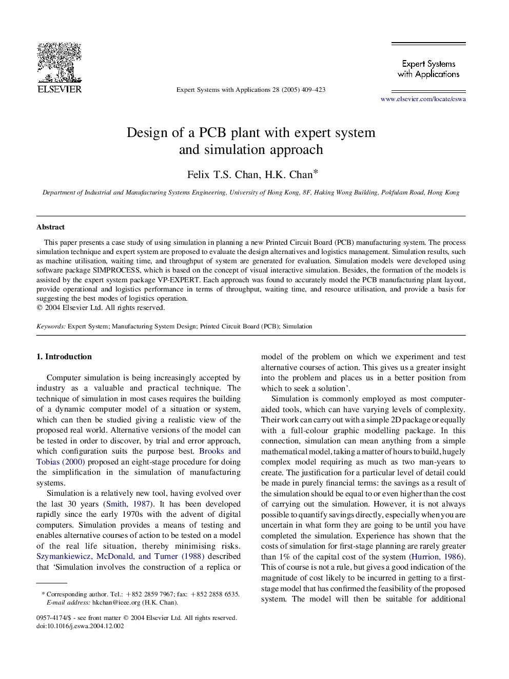 Design of a PCB plant with expert system and simulation approach