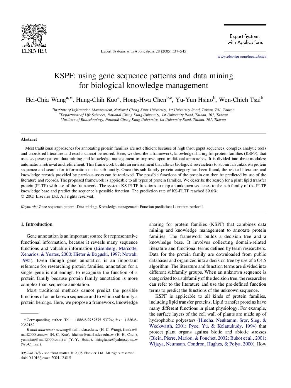 KSPF: using gene sequence patterns and data mining for biological knowledge management