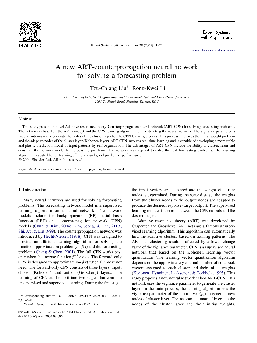 A new ART-counterpropagation neural network for solving a forecasting problem