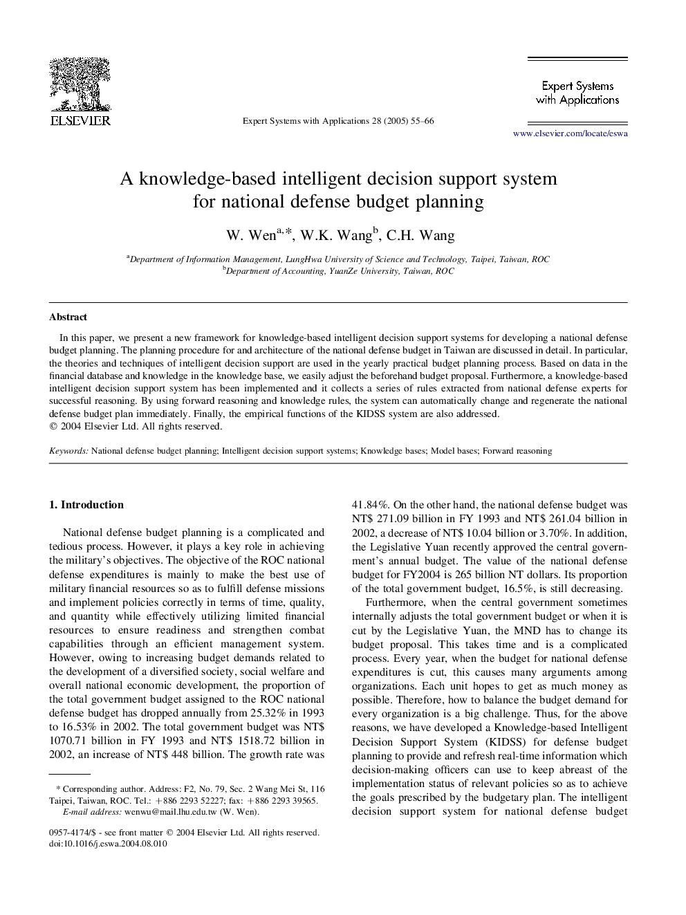 A knowledge-based intelligent decision support system for national defense budget planning