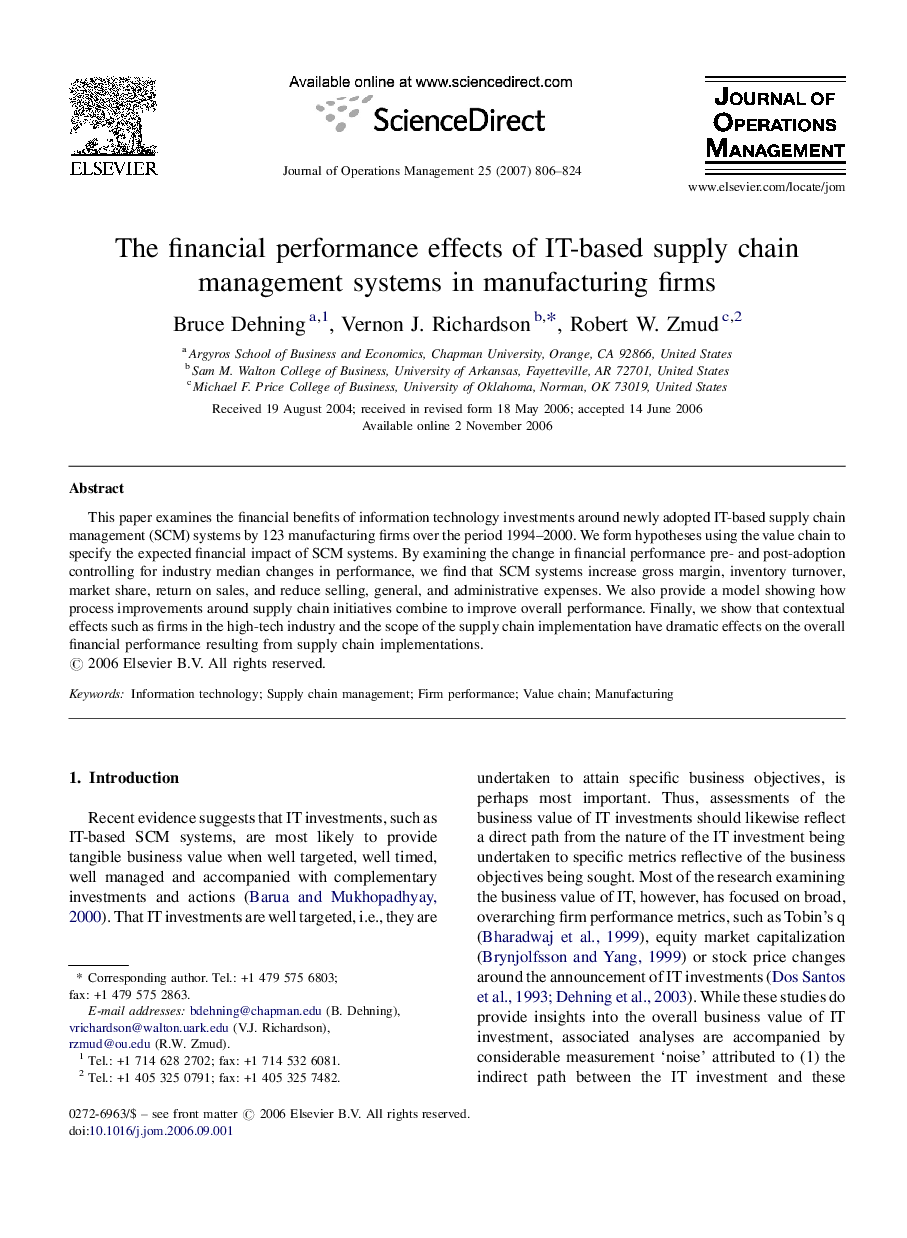 The financial performance effects of IT-based supply chain management systems in manufacturing firms