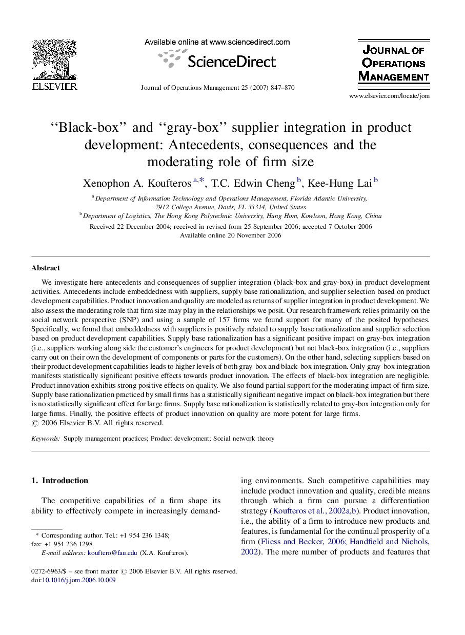 “Black-box” and “gray-box” supplier integration in product development: Antecedents, consequences and the moderating role of firm size