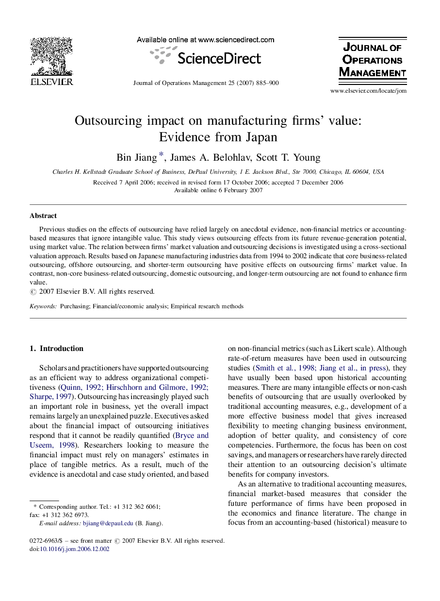 Outsourcing impact on manufacturing firms’ value: Evidence from Japan