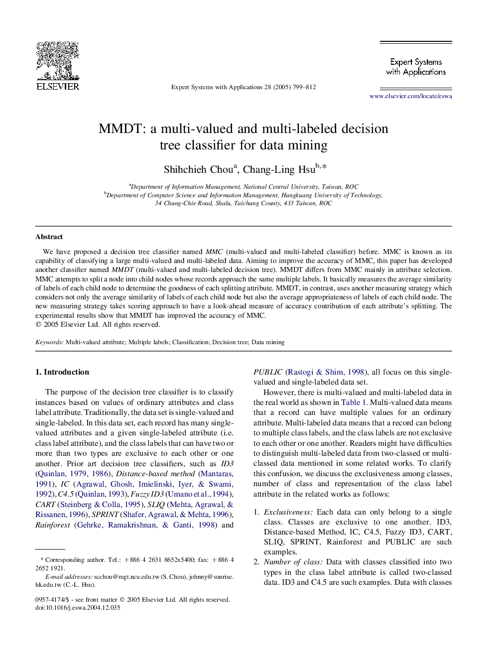 MMDT: a multi-valued and multi-labeled decision tree classifier for data mining