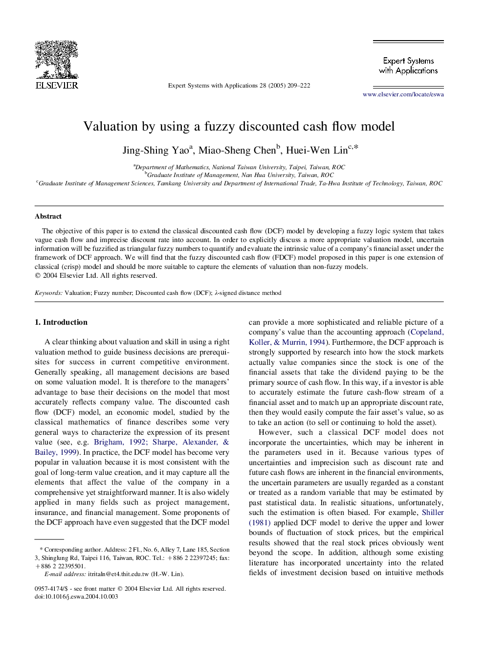 Valuation by using a fuzzy discounted cash flow model