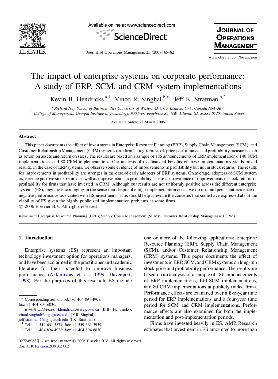 The impact of enterprise systems on corporate performance: A study of ERP, SCM, and CRM system implementations