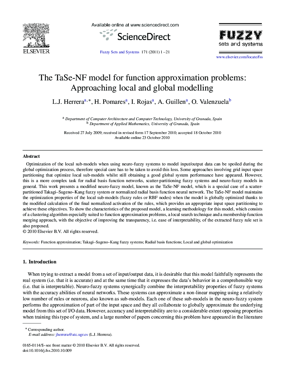 The TaSe-NF model for function approximation problems: Approaching local and global modelling