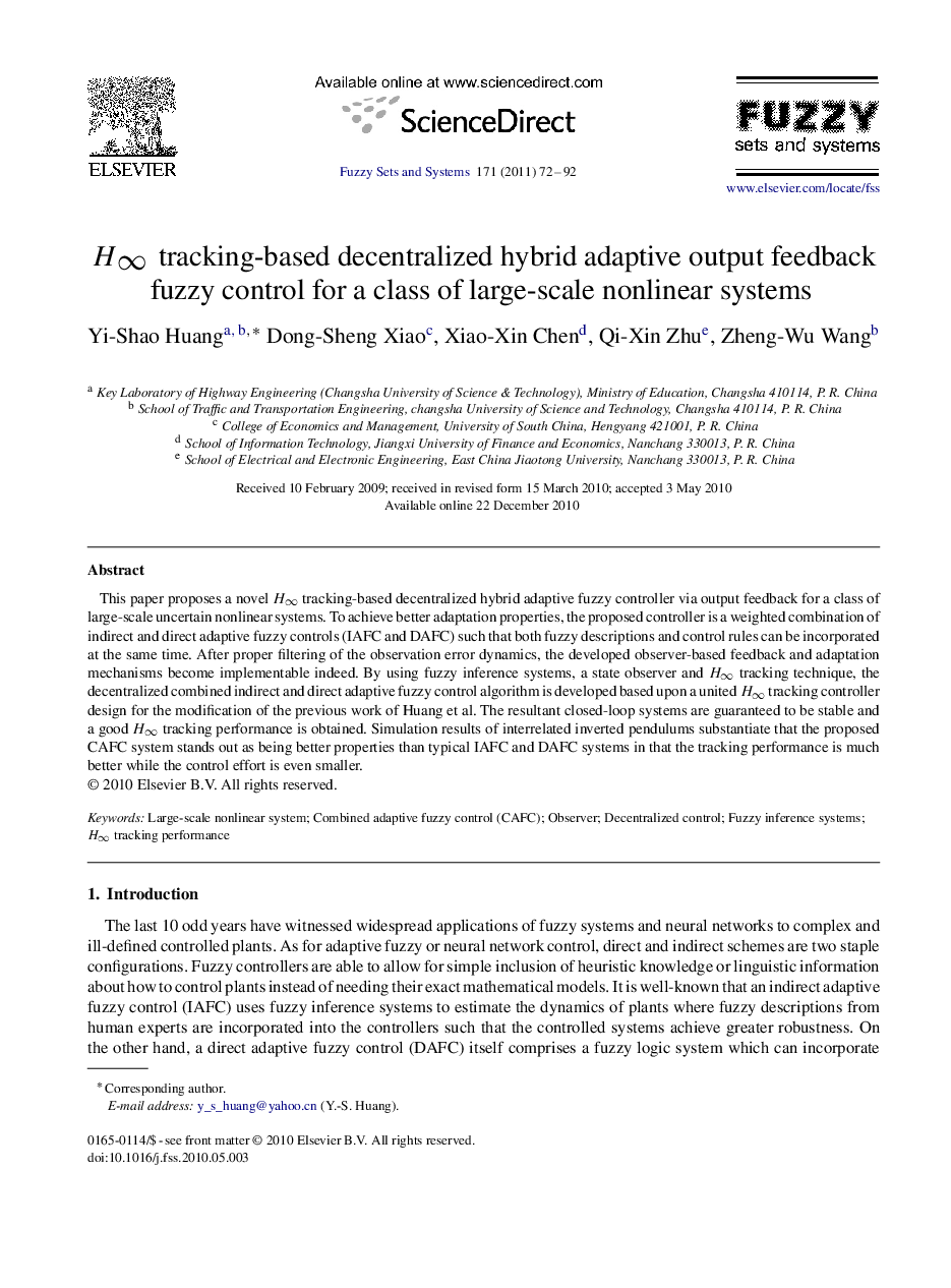 Hâ tracking-based decentralized hybrid adaptive output feedback fuzzy control for a class of large-scale nonlinear systems