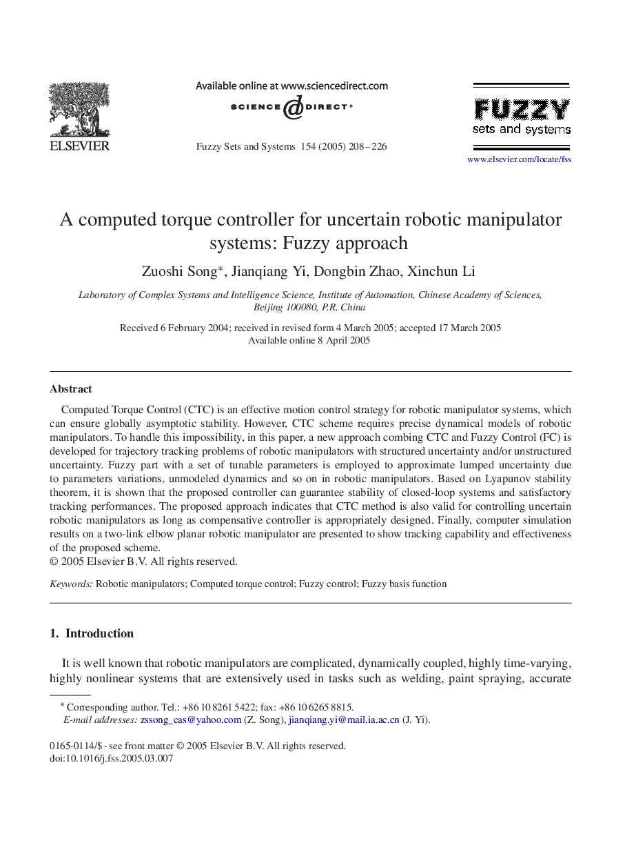 A computed torque controller for uncertain robotic manipulator systems: Fuzzy approach