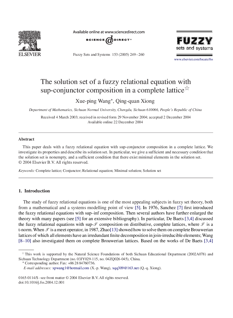 The solution set of a fuzzy relational equation with sup-conjunctor composition in a complete lattice