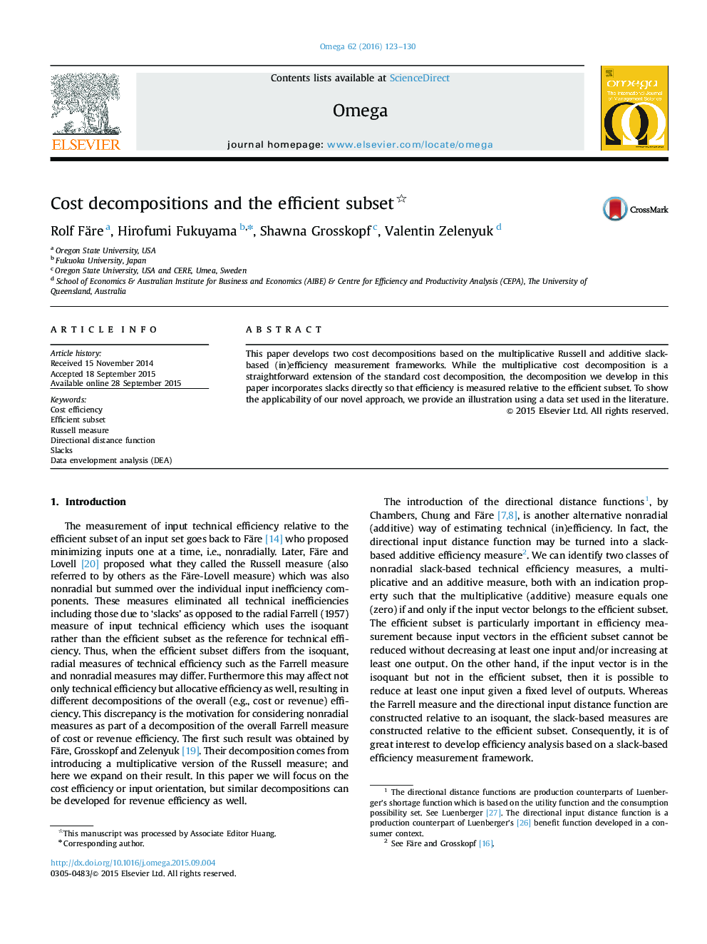 Cost decompositions and the efficient subset 