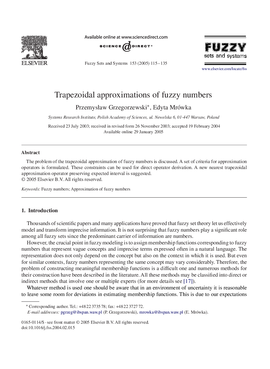 Trapezoidal approximations of fuzzy numbers