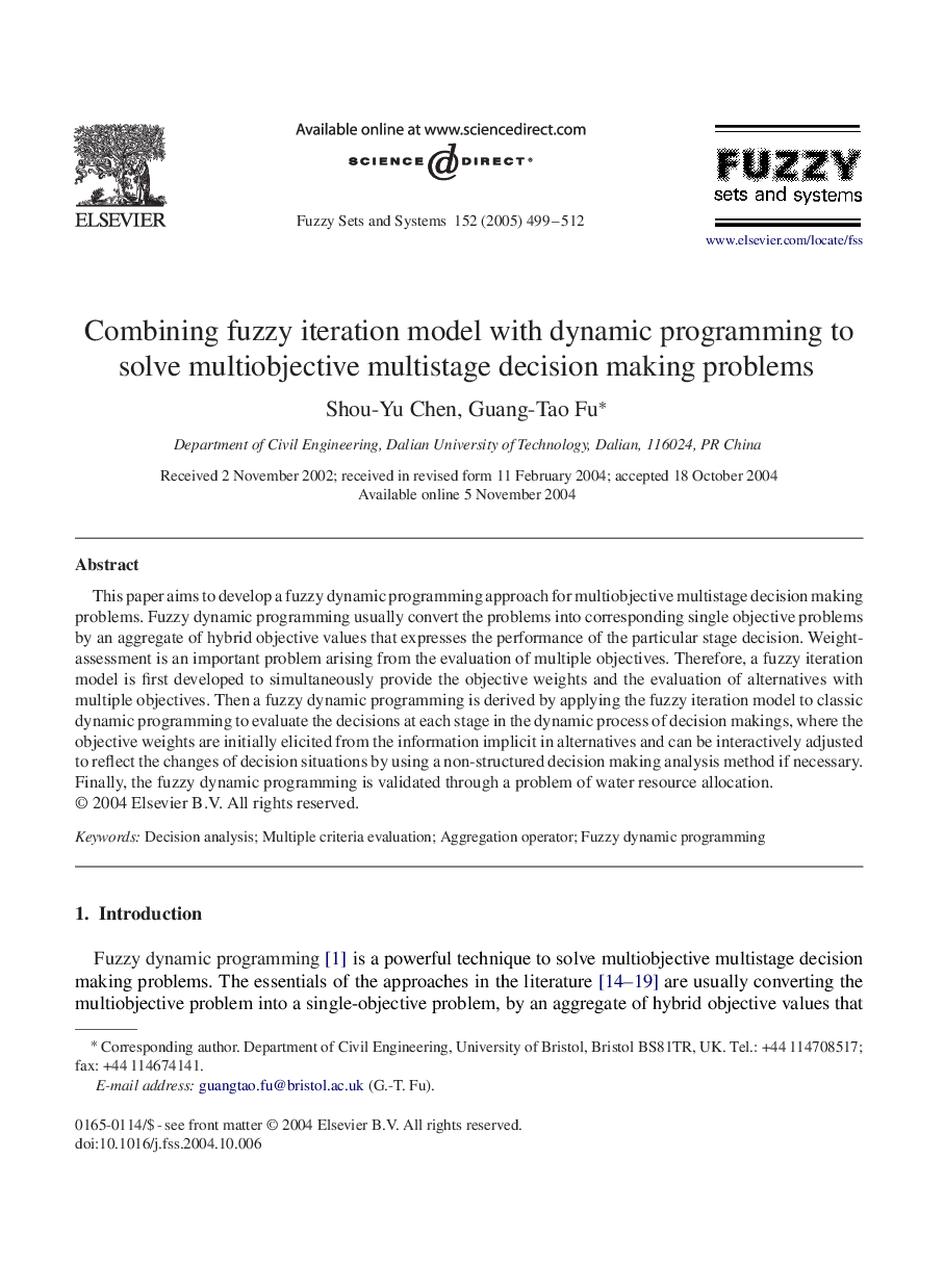 Combining fuzzy iteration model with dynamic programming to solve multiobjective multistage decision making problems