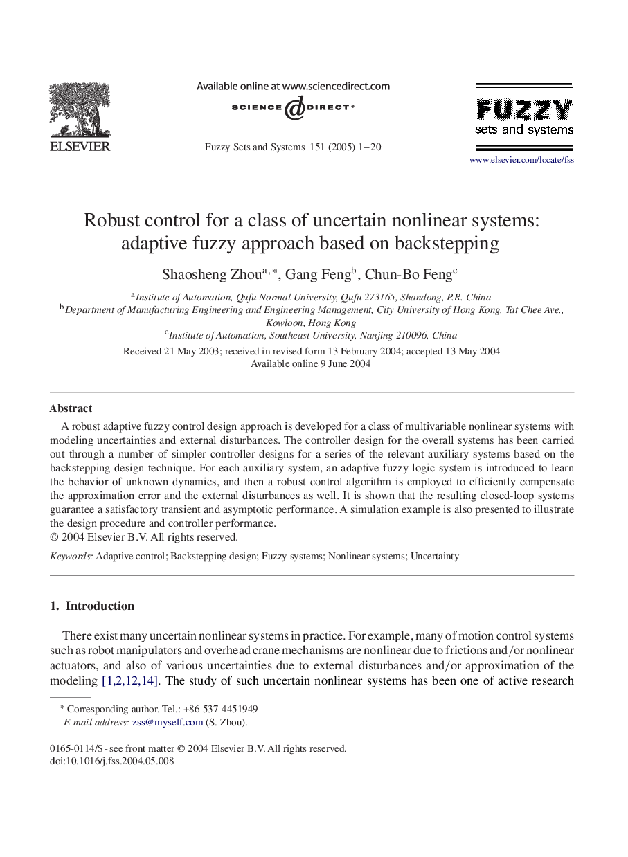 Robust control for a class of uncertain nonlinear systems: adaptive fuzzy approach based on backstepping