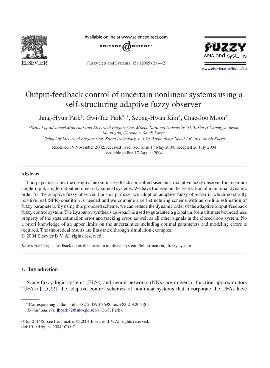 Output-feedback control of uncertain nonlinear systems using a self-structuring adaptive fuzzy observer