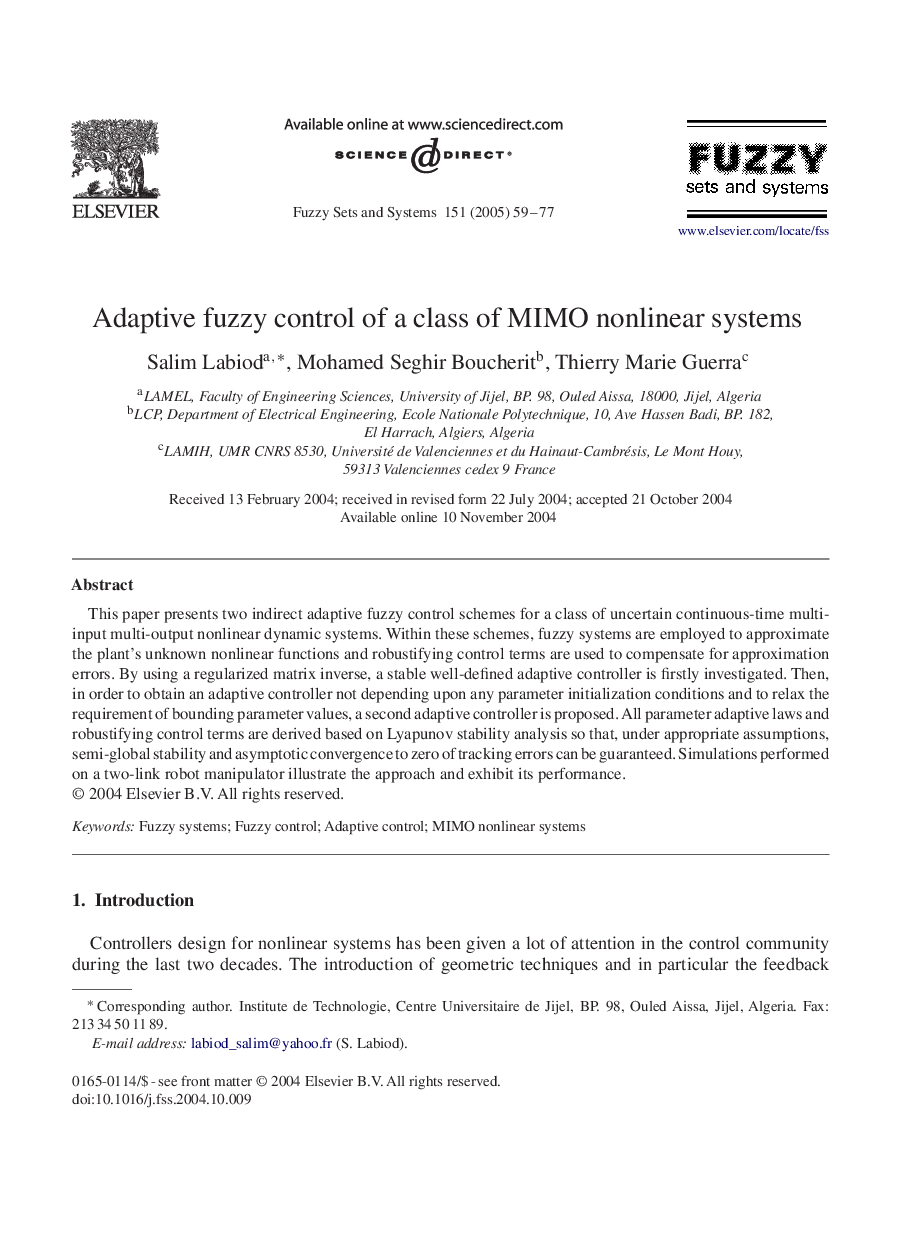 Adaptive fuzzy control of a class of MIMO nonlinear systems