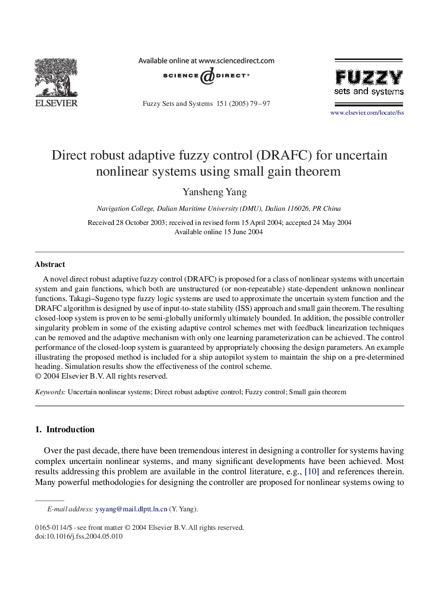 Direct robust adaptive fuzzy control (DRAFC) for uncertain nonlinear systems using small gain theorem