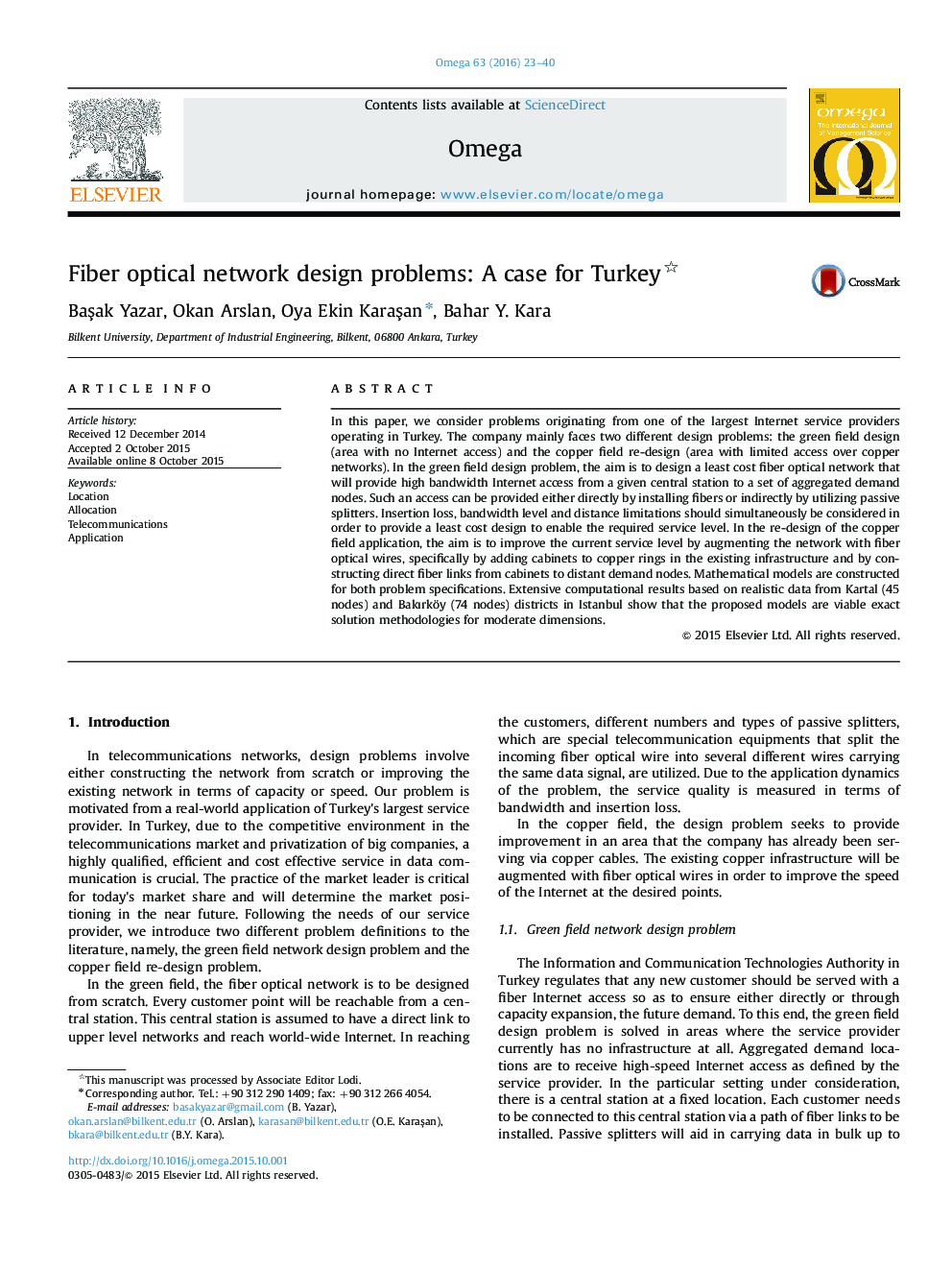 مشکلات طراحی شبکه های نوری فیبری: مورد برای ترکیه 
