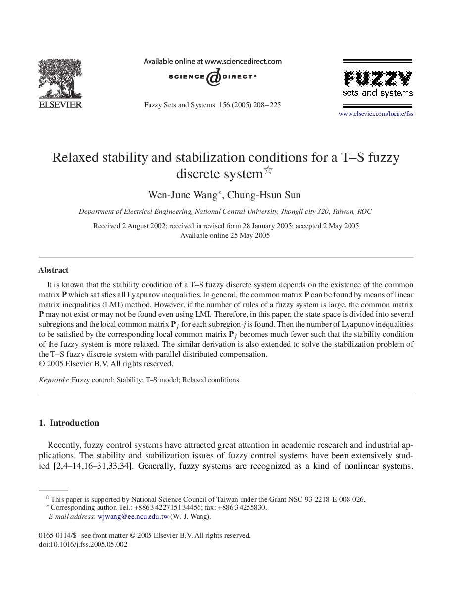 Relaxed stability and stabilization conditions for a T-S fuzzy discrete system