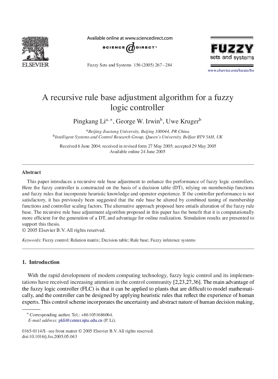 A recursive rule base adjustment algorithm for a fuzzy logic controller