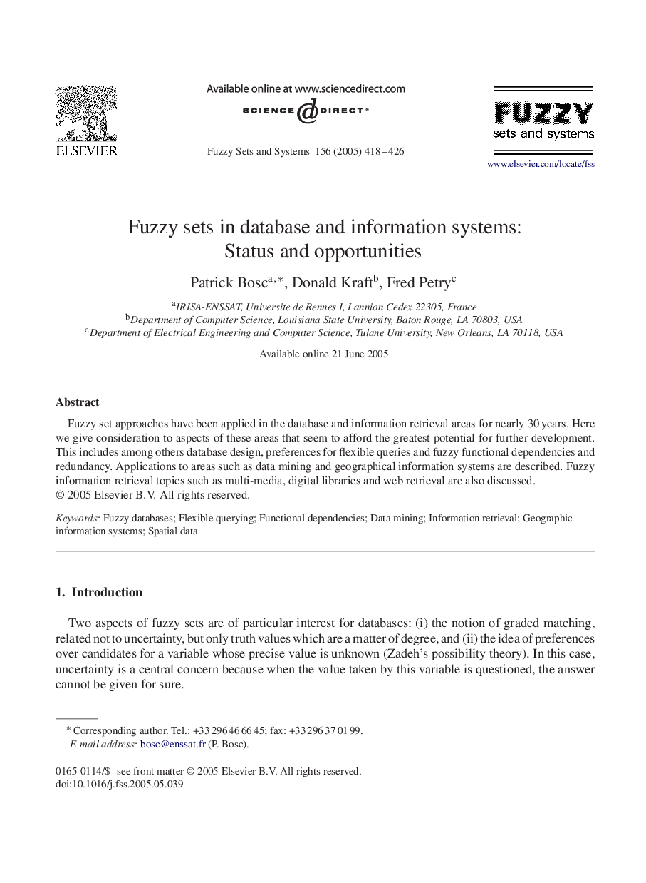 Fuzzy sets in database and information systems: Status and opportunities