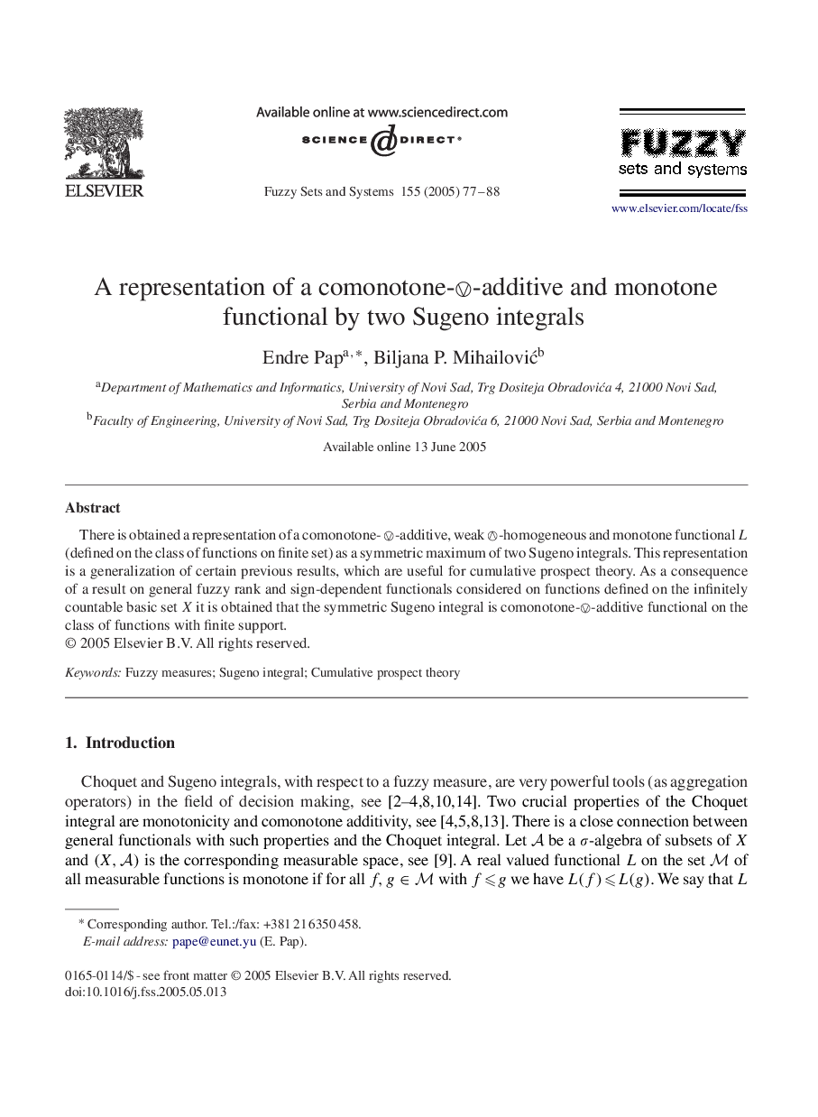 A representation of a comonotone-â¯â¨-additive and monotone functional by two Sugeno integrals