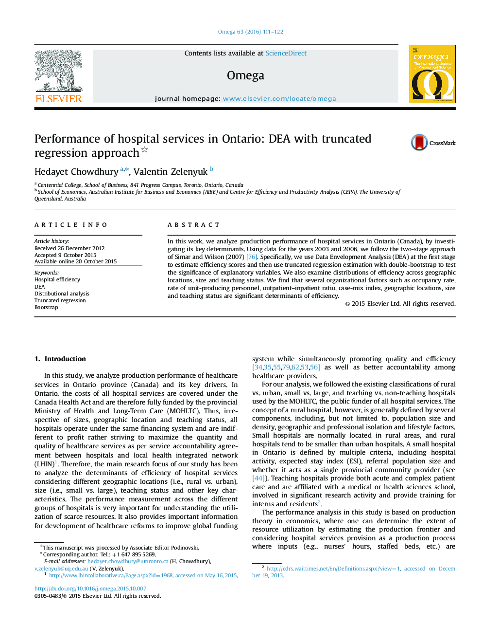 Performance of hospital services in Ontario: DEA with truncated regression approach 