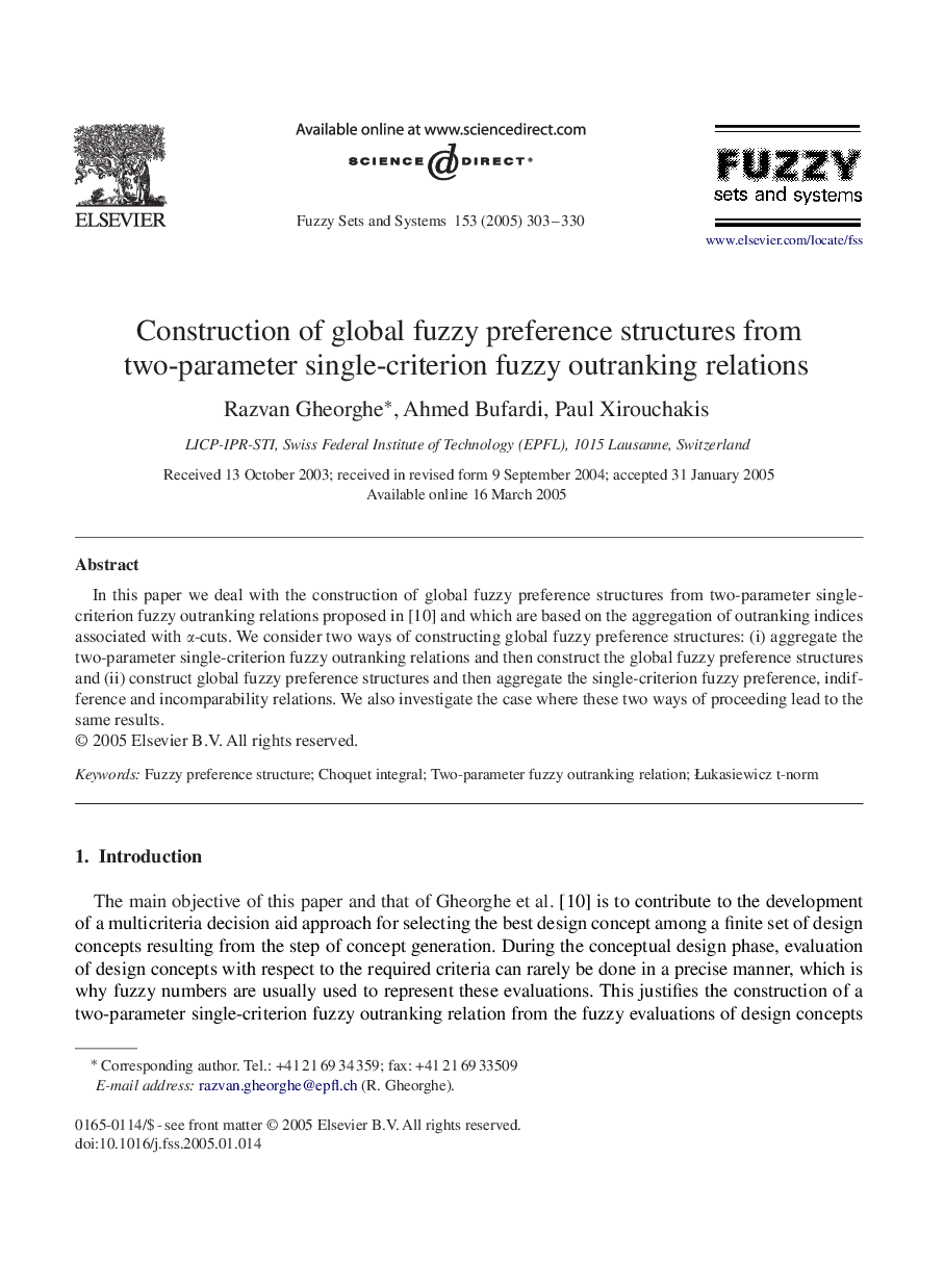 Construction of global fuzzy preference structures from two-parameter single-criterion fuzzy outranking relations