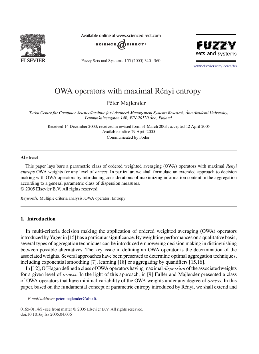 OWA operators with maximal Rényi entropy