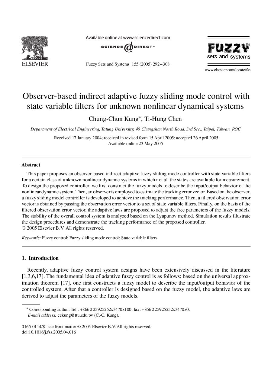 Observer-based indirect adaptive fuzzy sliding mode control with state variable filters for unknown nonlinear dynamical systems