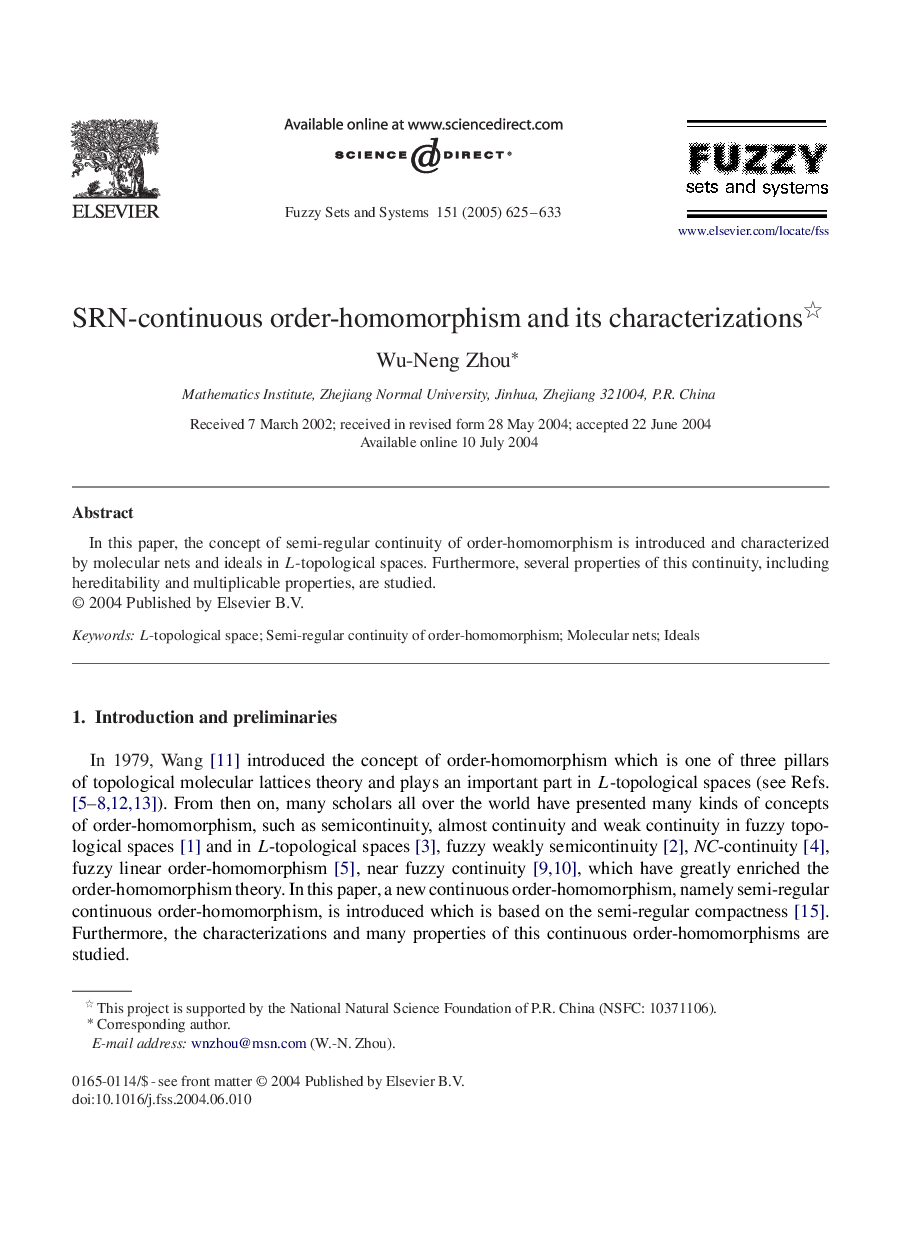SRN-continuous order-homomorphism and its characterizations
