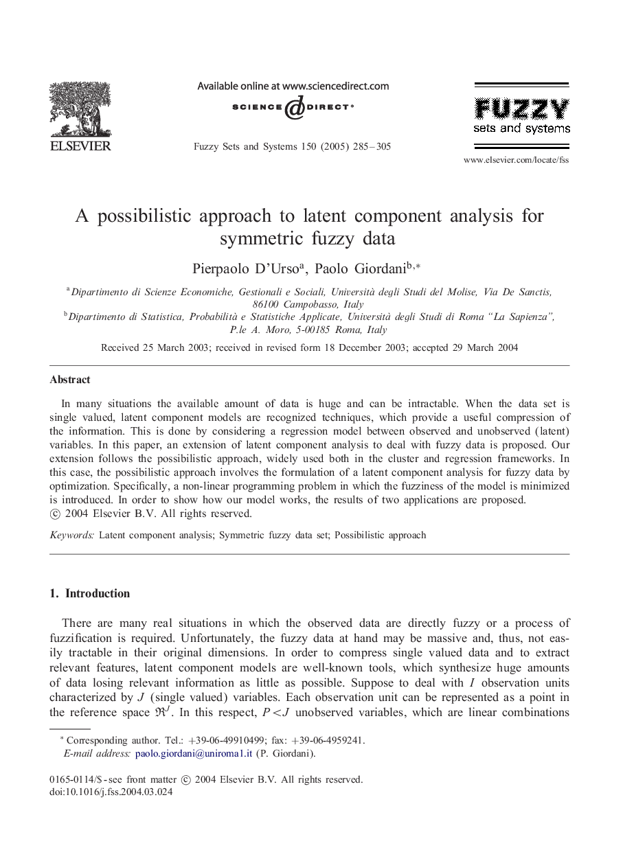 A possibilistic approach to latent component analysis for symmetric fuzzy data