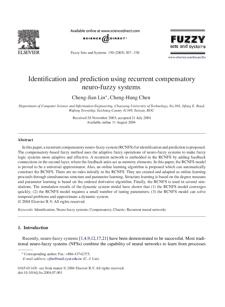 Identification and prediction using recurrent compensatory neuro-fuzzy systems