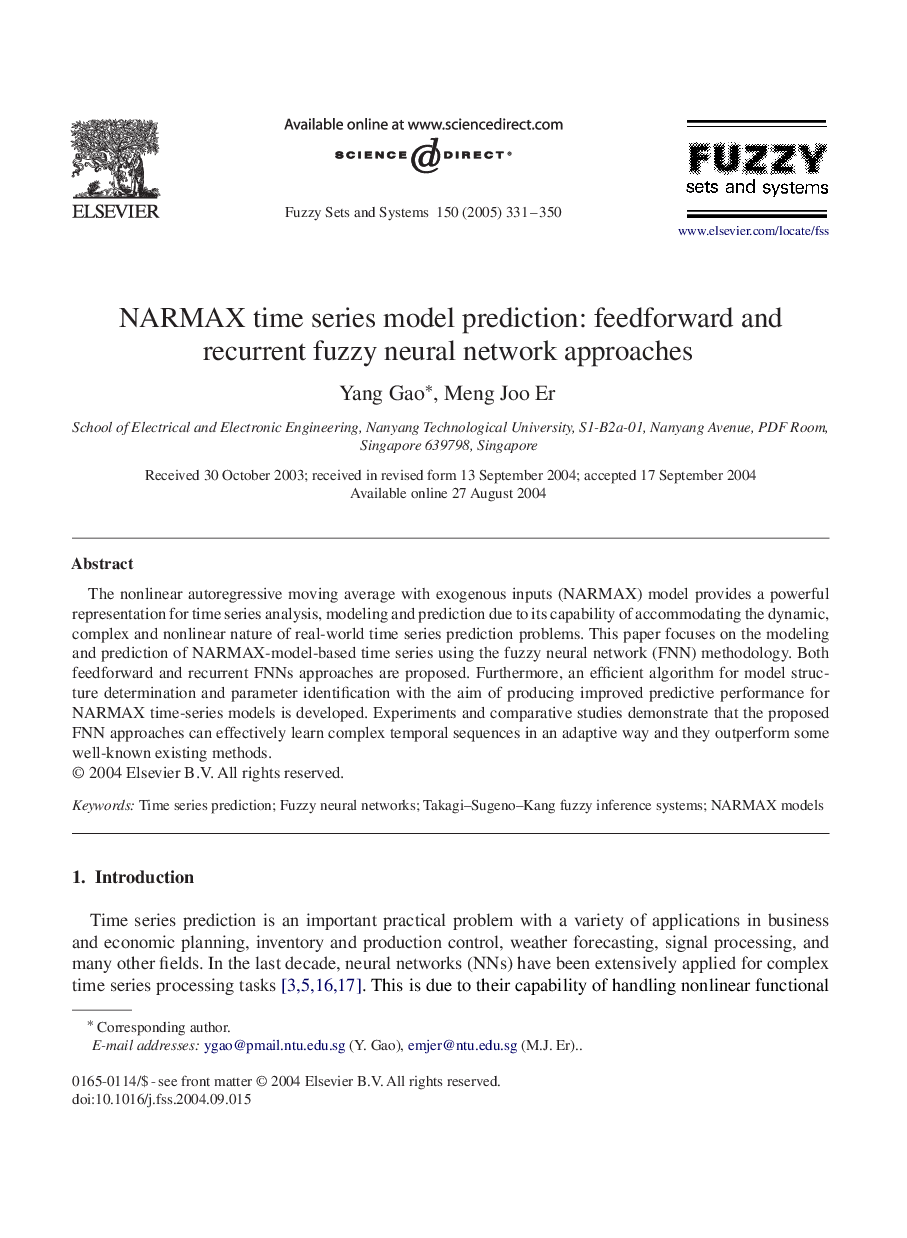 NARMAX time series model prediction: feedforward and recurrent fuzzy neural network approaches