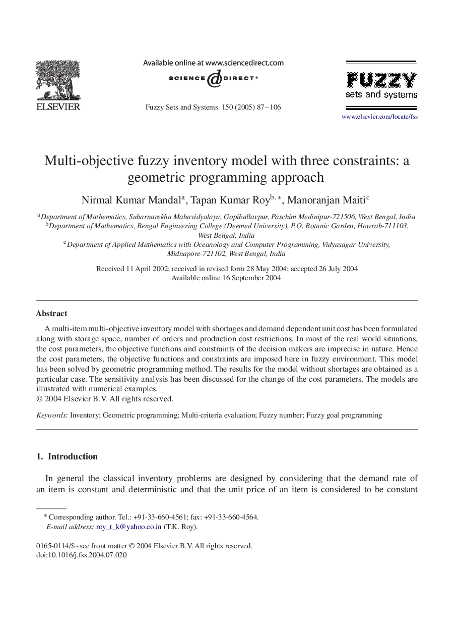 Multi-objective fuzzy inventory model with three constraints: a geometric programming approach