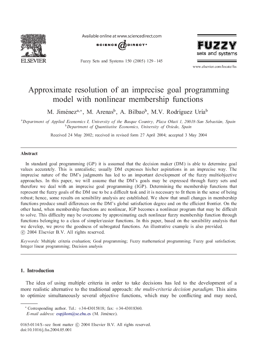 Approximate resolution of an imprecise goal programming model with nonlinear membership functions