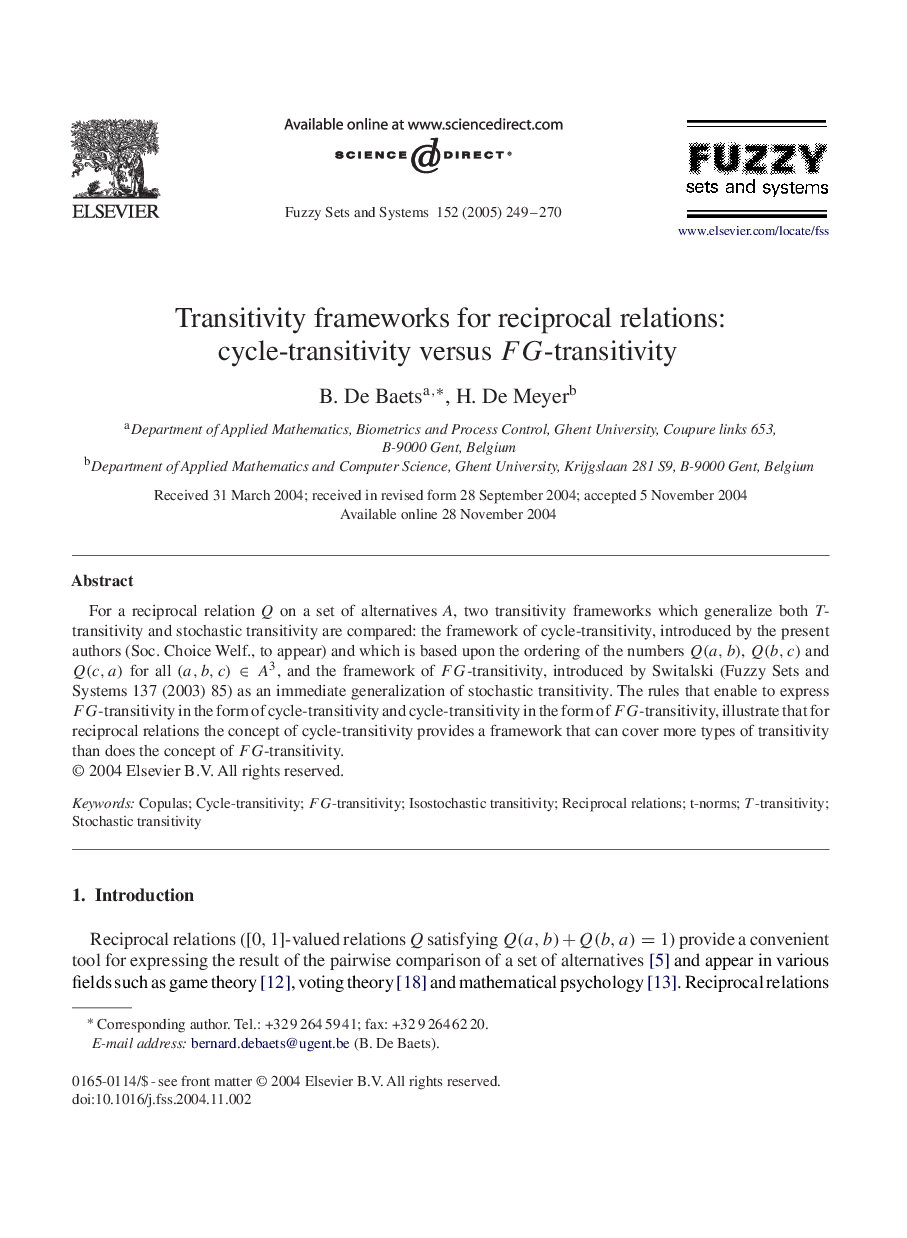 Transitivity frameworks for reciprocal relations: cycle-transitivity versus FG-transitivity