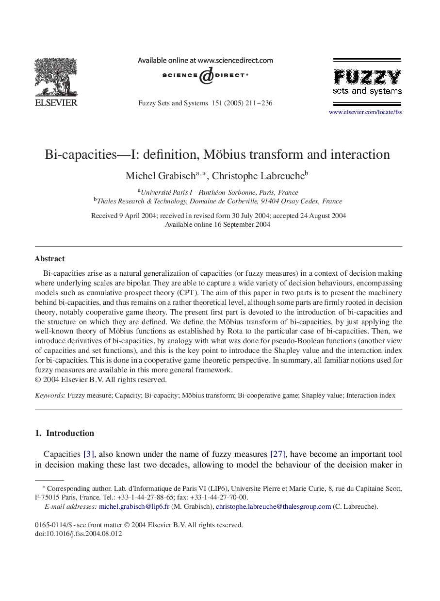 Bi-capacities-I: definition, Möbius transform and interaction