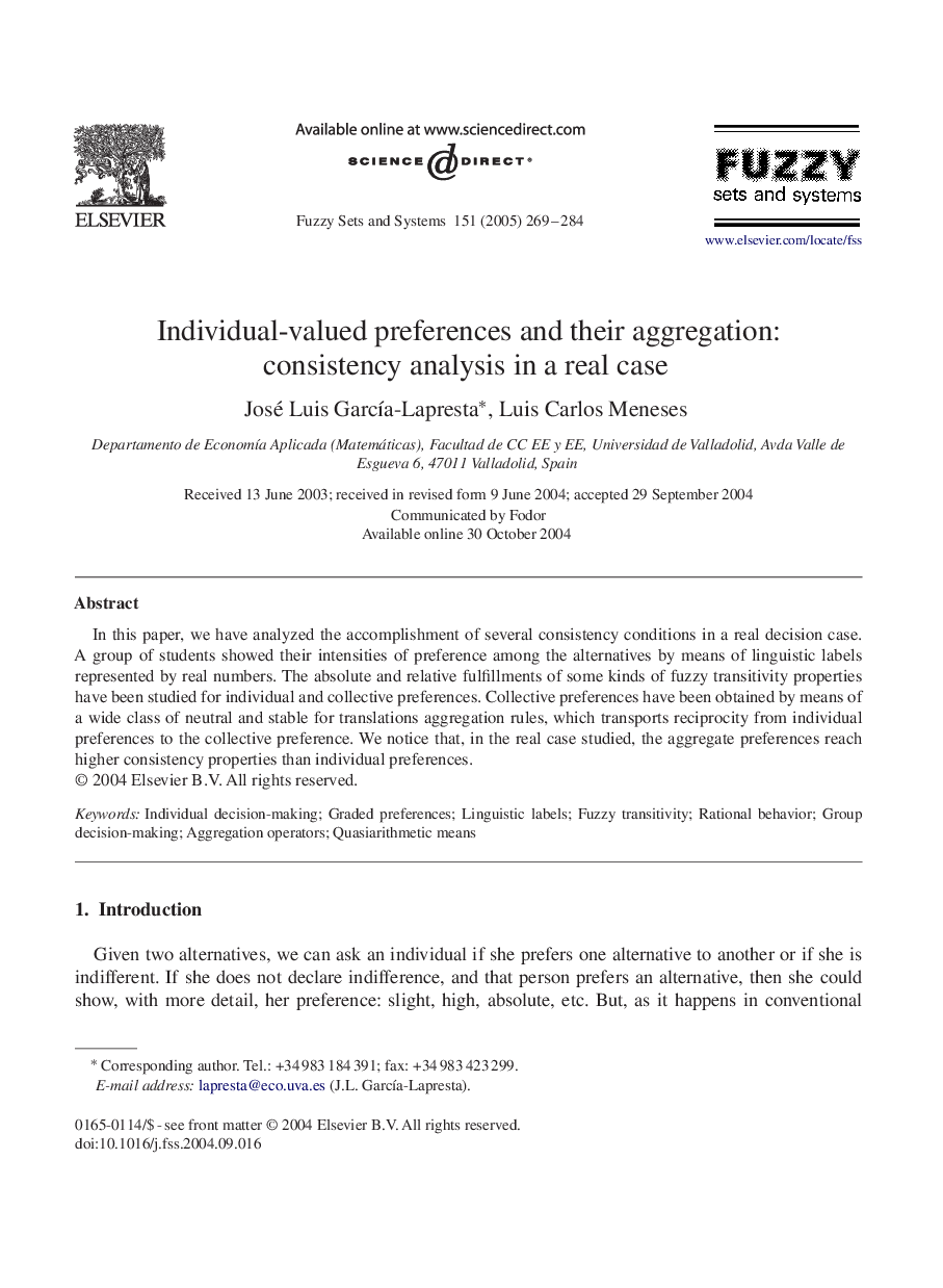 Individual-valued preferences and their aggregation: consistency analysis in a real case