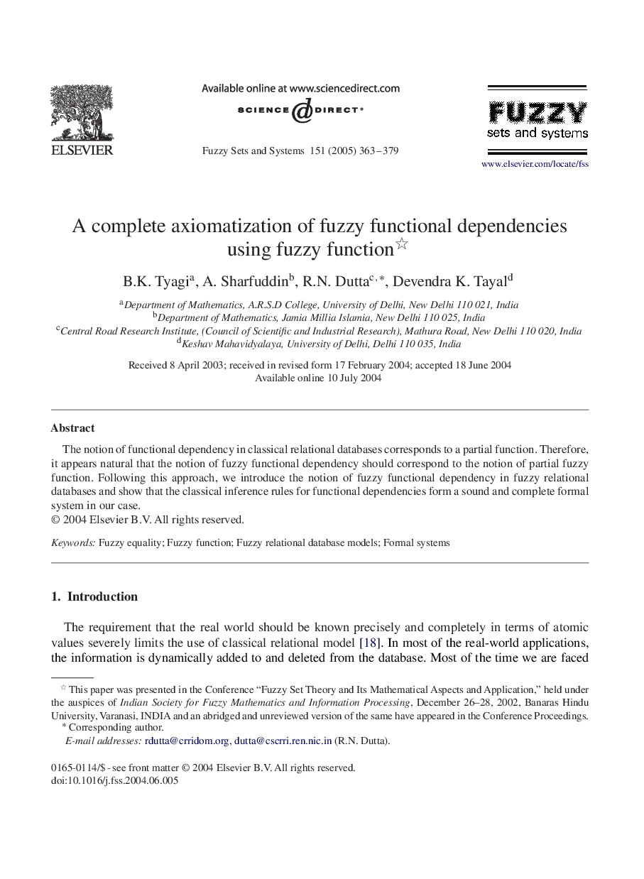 A complete axiomatization of fuzzy functional dependencies using fuzzy function