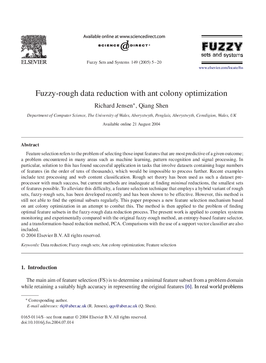 Fuzzy-rough data reduction with ant colony optimization