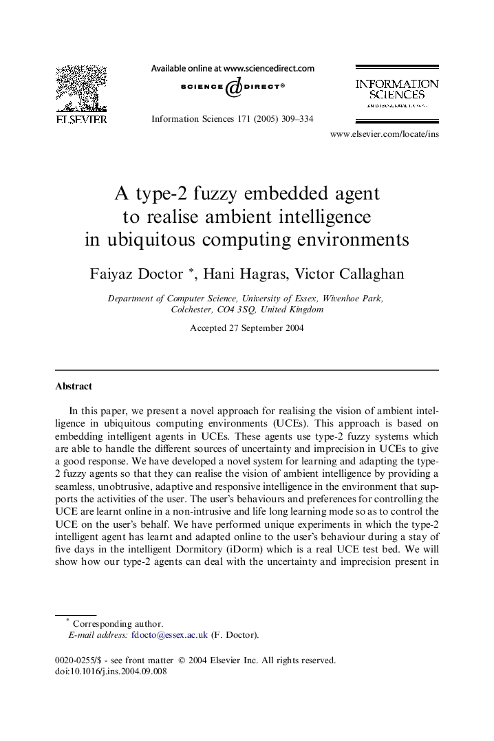 A type-2 fuzzy embedded agent to realise ambient intelligence in ubiquitous computing environments