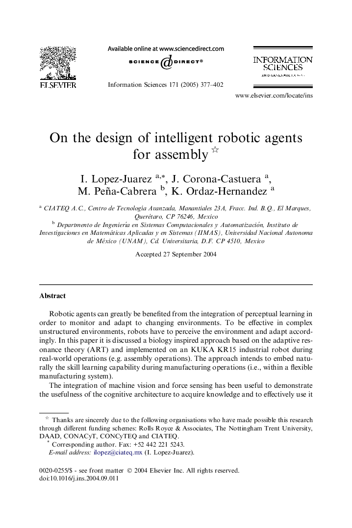 On the design of intelligent robotic agents for assembly